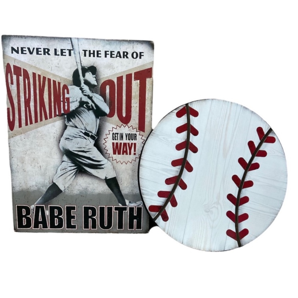 Baseball Set of Two Wall Hangings Babe Ruth Plaque & Baseball - Like New!